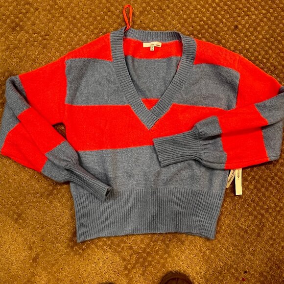 June & Hudson Size M Bright Pink Periwinkle Blue V-Neck Striped Spring Sweater - Picture 7 of 9